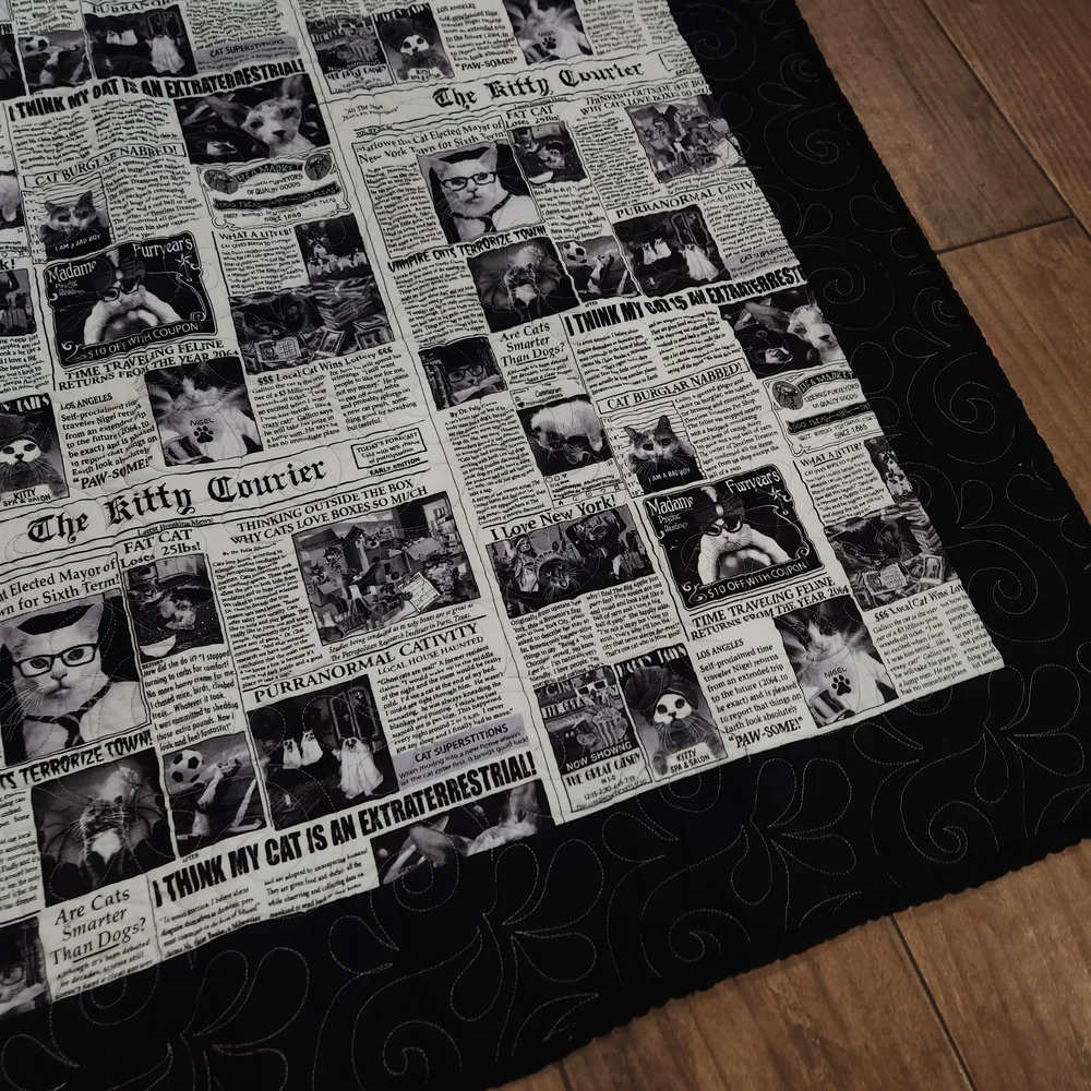 Handmade cat lady cat Black and White Newsprint Quilt 59
